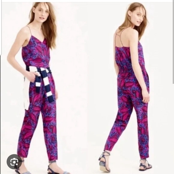 NWT J. Crew Silk Floral Midnight Fuchsia Strappy Jumpsuit Size 4 Pockets - Picture 1 of 16